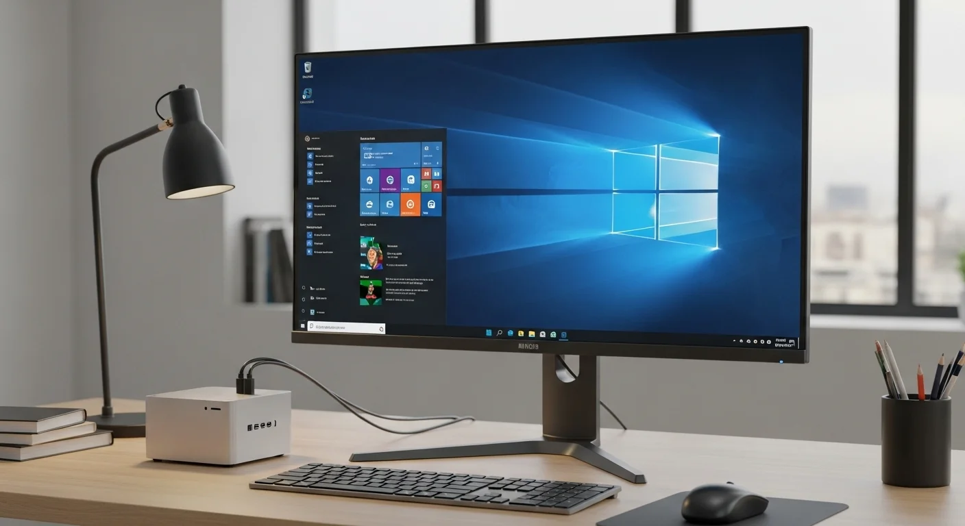 Un micro PC con Windows conectado a un monitor 4K, mostrando un escritorio de trabajo minimalista.