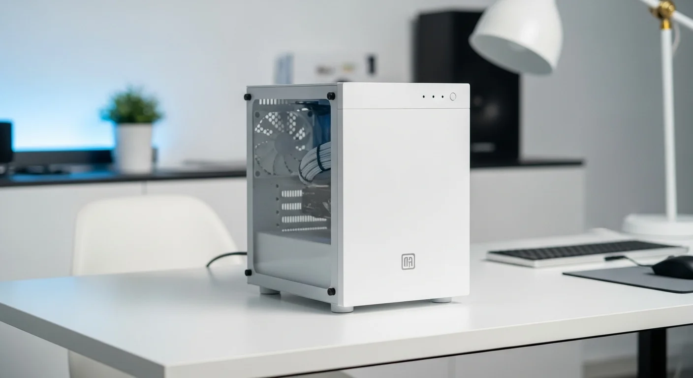 Mini gabinete PC de color blanco en un escritorio minimalista, ideal para computadoras compactas.