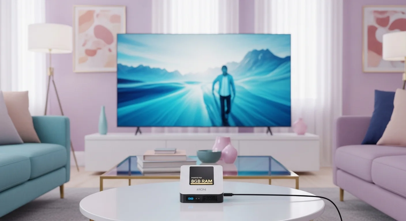 Un mini pc 8gb ram conectado a un televisor en una sala de estar, mostrando su tamaño compacto y su uso como centro multimedia.