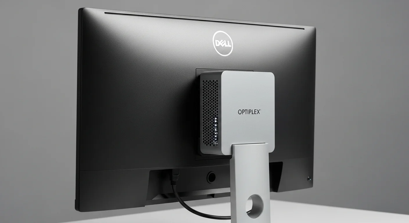 Un mini pc dell optiplex montado en la parte trasera de un monitor Dell Ultrasharp, destacando su diseño compacto y ahorro de espacio.