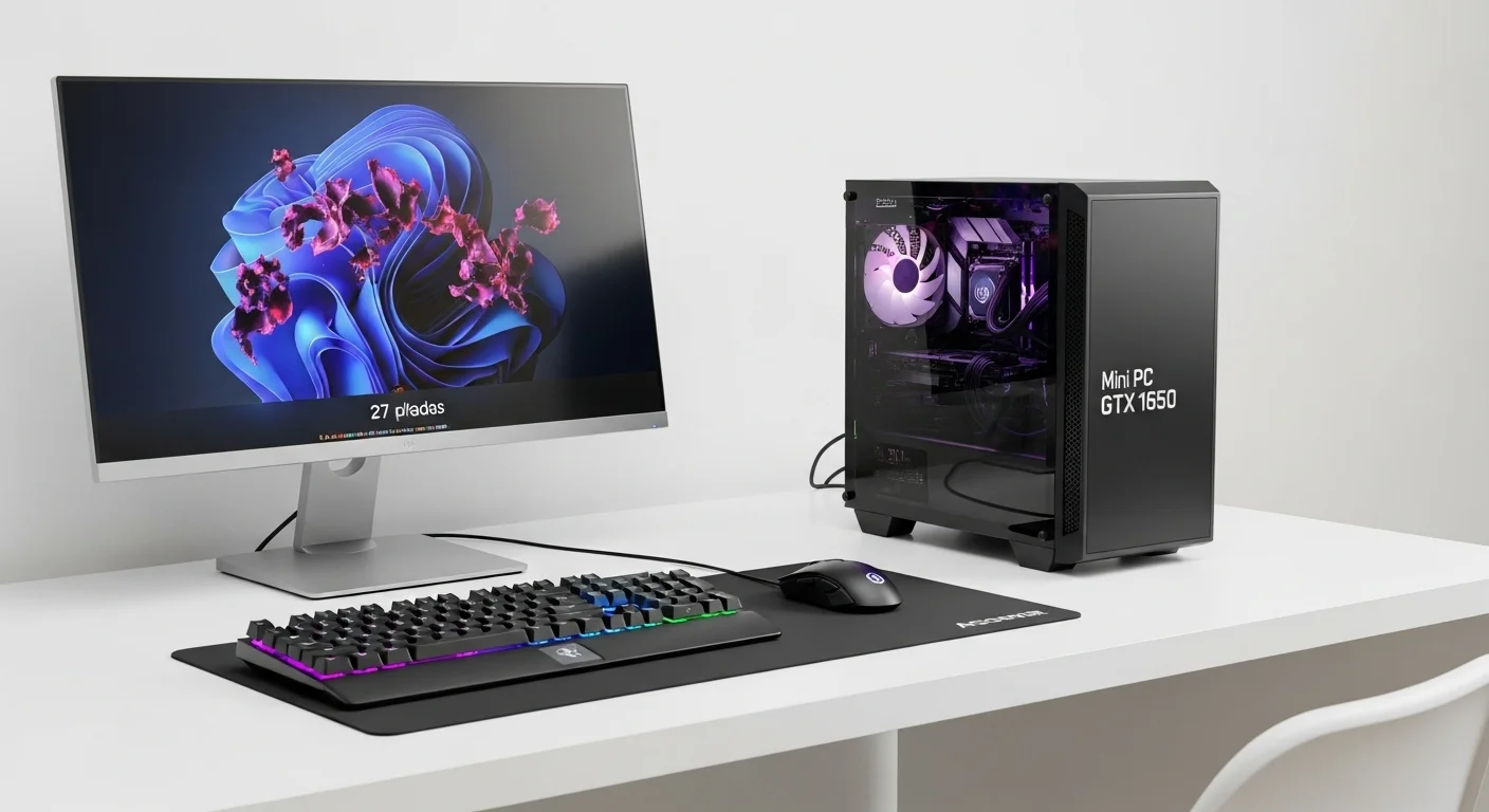 Un mini pc gtx 1650 colocado en un escritorio minimalista junto a un monitor, teclado y mouse, mostrando un setup de trabajo y juego compacto