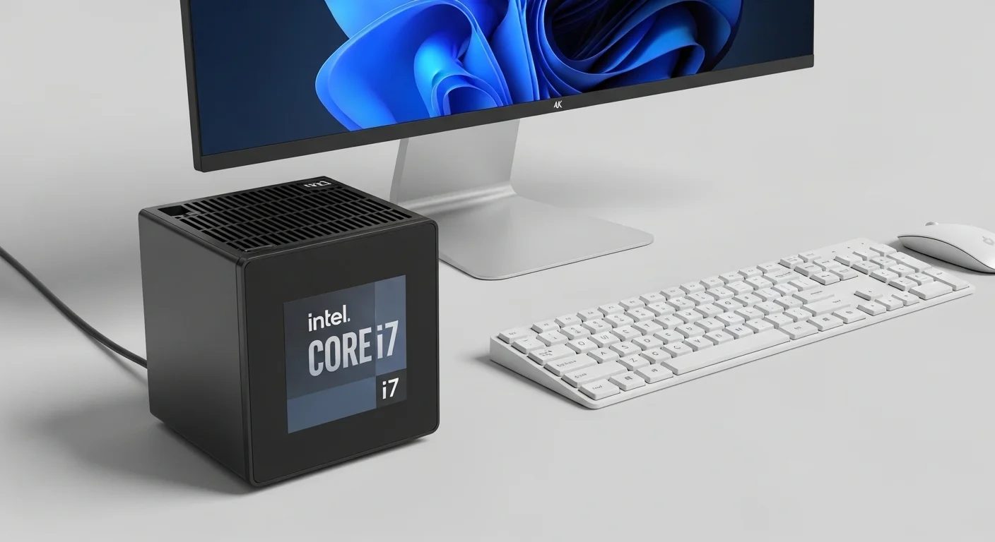 Un Mini PC compacto con el logo de Intel Core i7 junto a un teclado y un monitor, destacando su pequeño tamaño.
