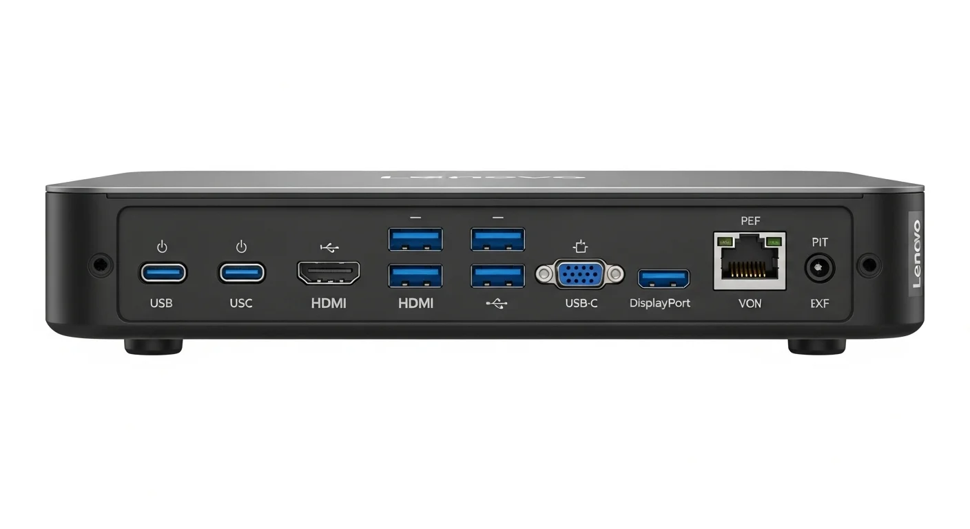 Panel trasero de un mini pc lenovo i7 con múltiples puertos, incluyendo USB-C, HDMI, DisplayPort y Ethernet, destacando su amplia conectividad.