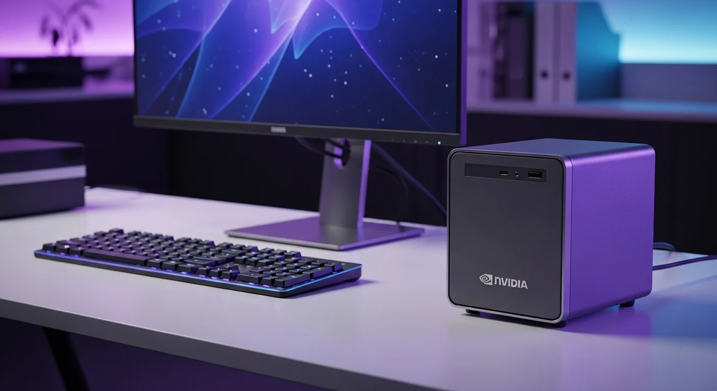 Un elegante y compacto mini PC Nvidia junto a un monitor y teclado, demostrando la potencia de las computadoras modernas en un pequeño formato.