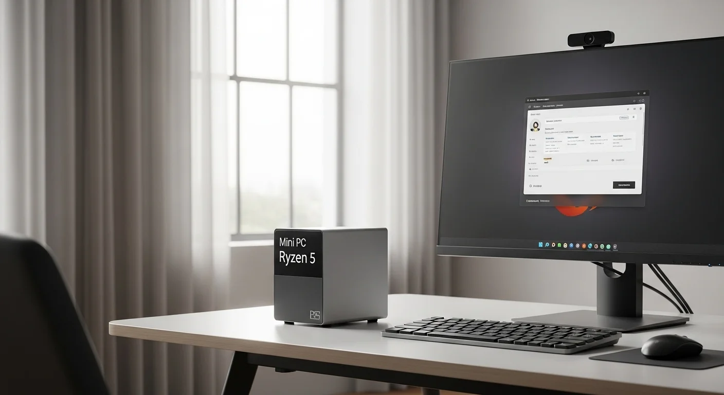 Un Mini PC Ryzen 5 colocado discretamente junto a un monitor y un teclado, ejemplificando la eficiencia y el minimalismo en computadoras de oficina y hogar.