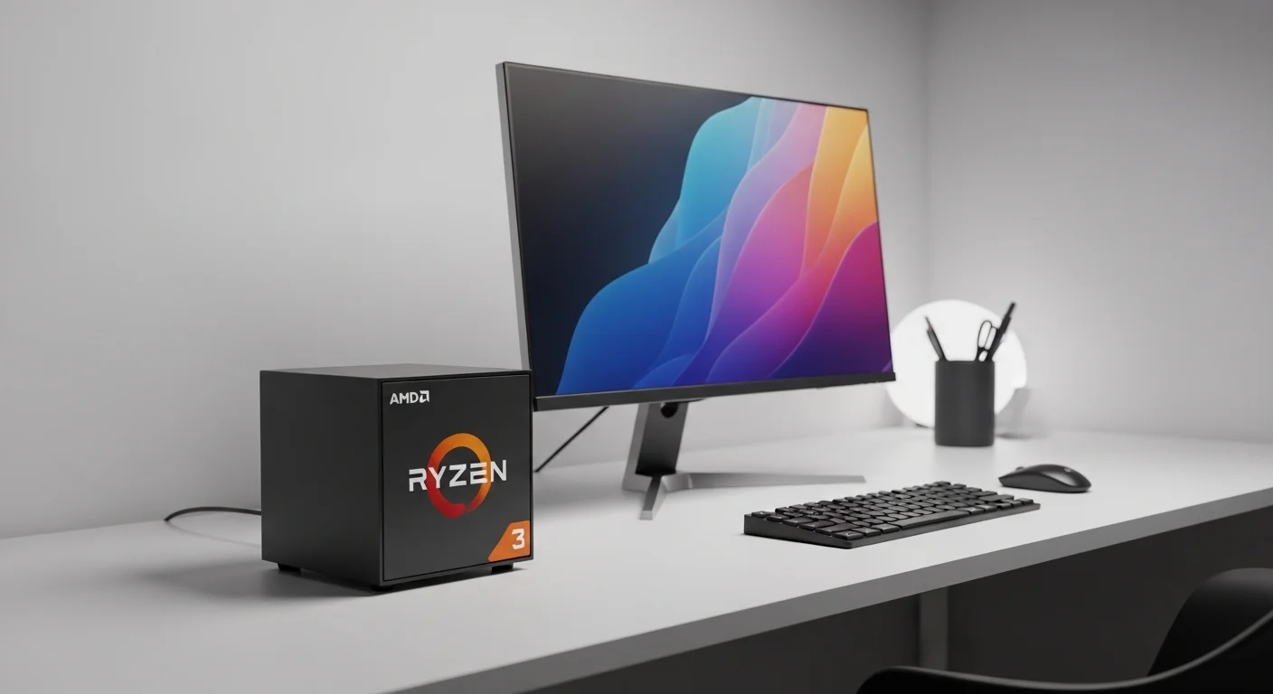 Un moderno mini pc ryzen 3 sobre un escritorio minimalista, conectado a un monitor y periféricos, destacando su tamaño compacto.