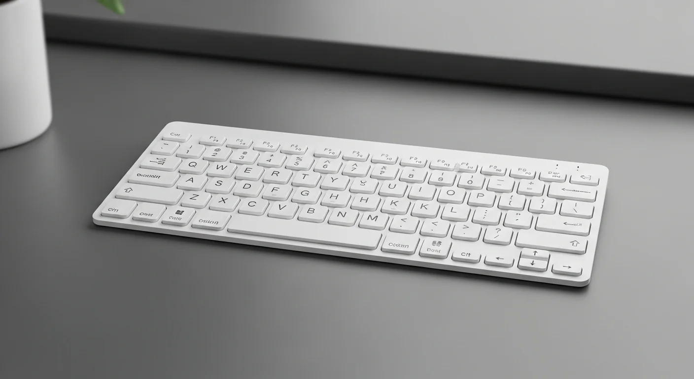 Un mini teclado PC inalámbrico de color blanco sobre una superficie minimalista, mostrando su portabilidad y diseño compacto.