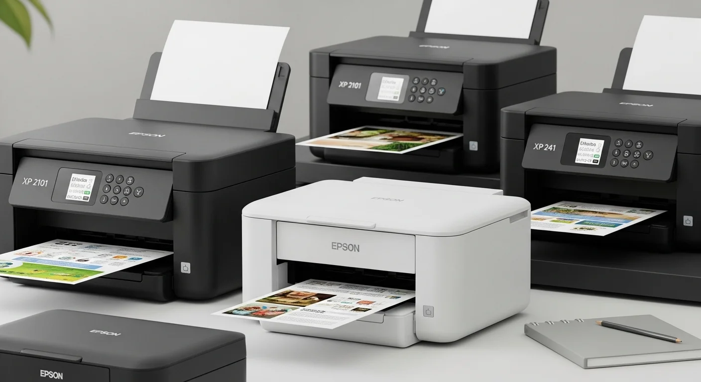 Una composición mostrando varios modelos de la Impresora XP, incluyendo la epson xp 2101 y la xp 241, destacando su evolución y diseño compacto.