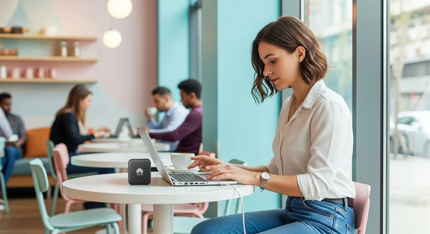 Una persona utilizando un modem 4G WiFi Huawei portátil para conectar su laptop durante un viaje, demostrando la flexibilidad de un 4g modem.