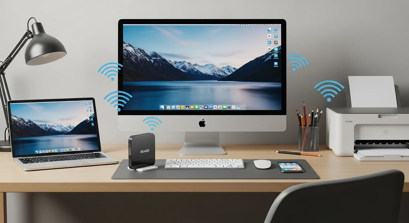 Un modem 4G LTE WiFi sobre un escritorio junto a una computadora y otros equipos de oficina, proporcionando internet a múltiples dispositivos.