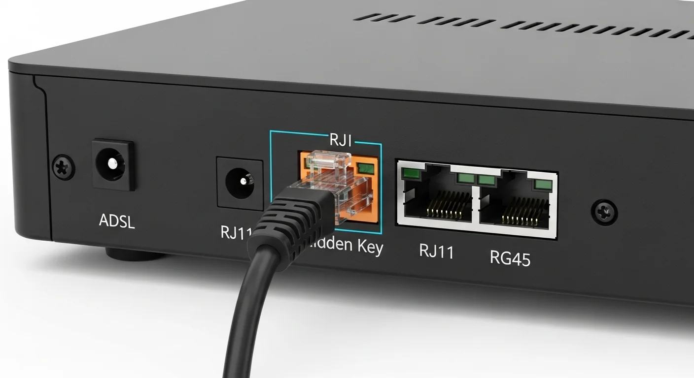 Panel trasero de un modem ADSL mostrando la conexión del cable telefónico en el puerto o jack RJ11, junto a los puertos Ethernet RJ45 y la fuente de alimentación.