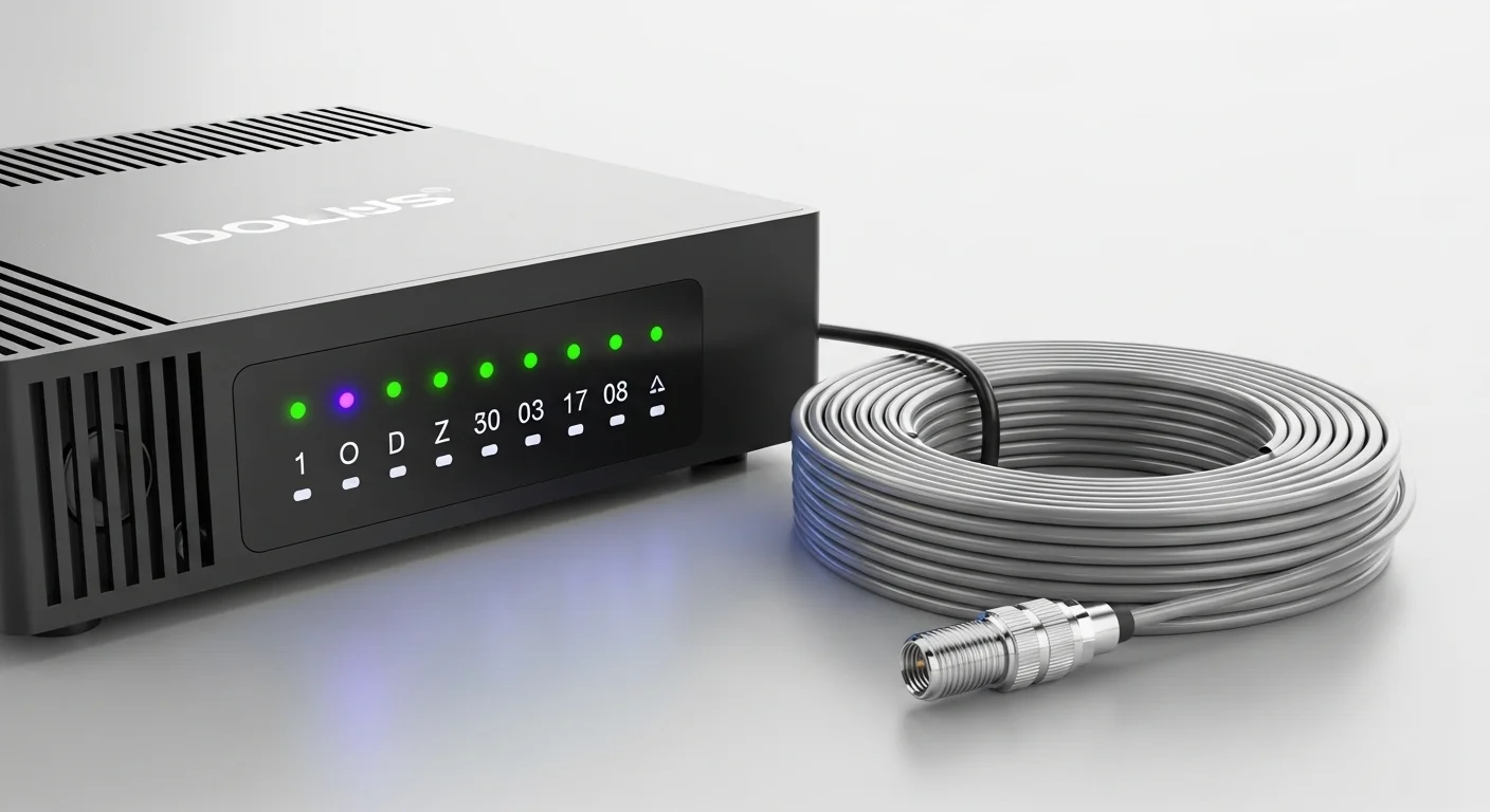 Primer plano de un modem satelital para internet con sus luces indicadoras encendidas, junto a un rollo de cable satelital coaxial de alta calidad.
