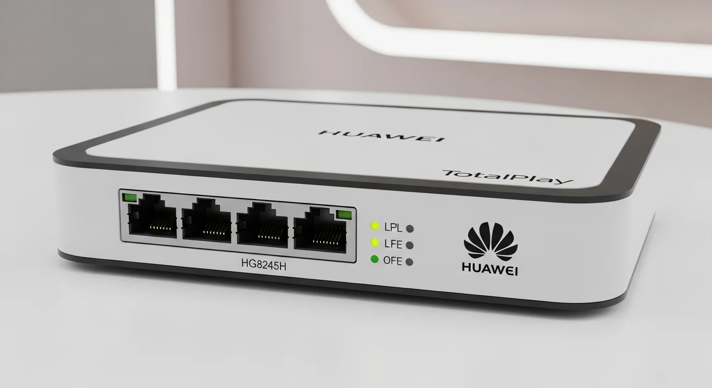 Imagen de primer plano del modem Huawei HG8245H de Totalplay, mostrando sus puertos Ethernet, luces LED indicadoras y el logo de la marca.