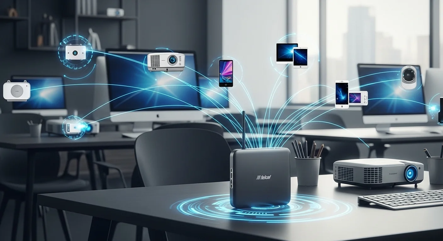 Un modem Telcel Huawei en una oficina, con líneas de luz digital conectándose a varias computadoras, proyectores y dispositivos inteligentes en el fondo, demostrando un ecosistema conectado.