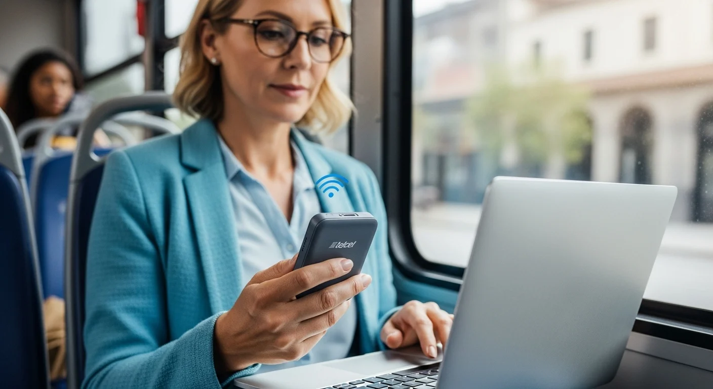 Primer plano de un módem inalámbrico portátil Telcel siendo utilizado por una persona para conectar su computadora mientras viaja.