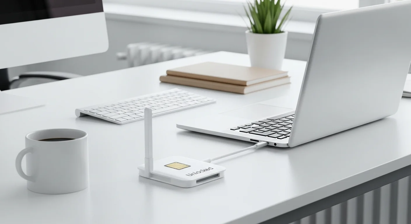 Un modem liberado para chip de color blanco sobre un escritorio de oficina moderno, al lado de una computadora portátil y una taza de café, mostrando un entorno de trabajo flexible.