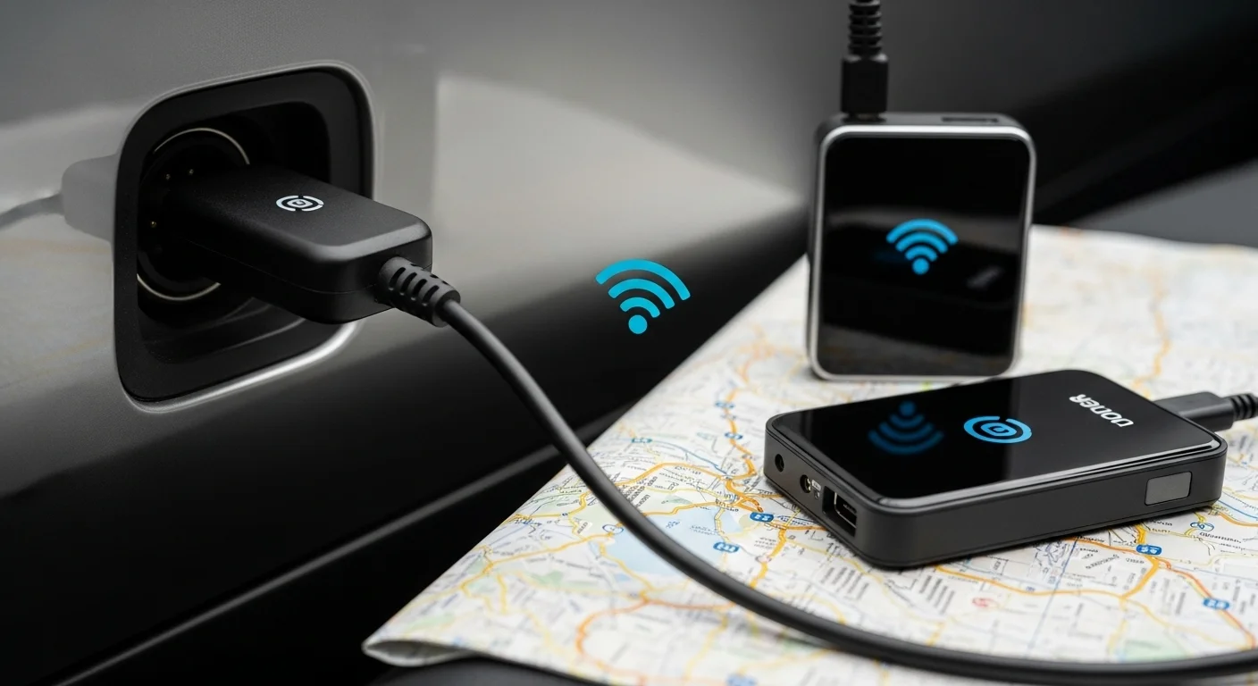 Primer plano de un modem para auto conectado al puerto de un vehículo, con un modem para celular portátil al lado sobre un mapa.