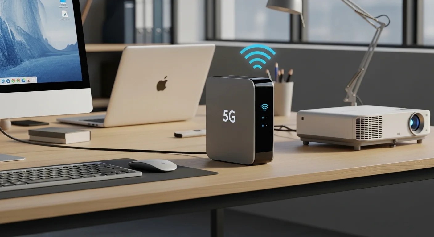 Un modem para internet inalambrico con tecnología 5G en un entorno de oficina, mostrando su uso para equipos de trabajo y proyectores.