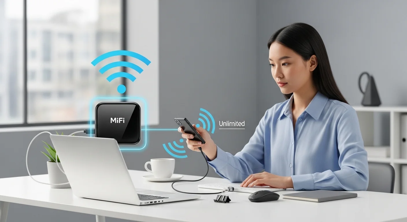 Una persona utilizando un modem portátil MiFi para conectar su computadora y otros accesorios de oficina a un chip internet ilimitado.