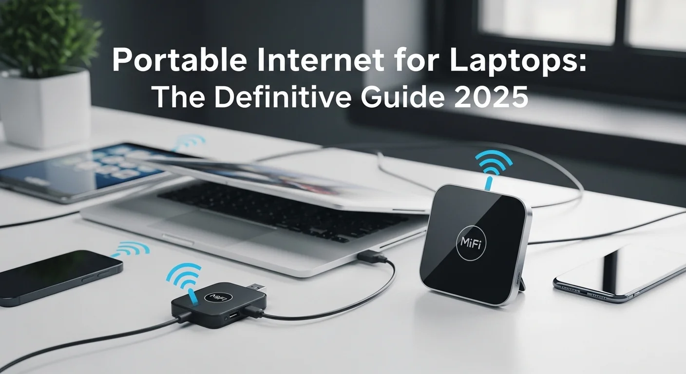 Comparativa visual entre un modem portátil USB conectado a una laptop y un hotspot MiFi sobre una mesa con varios dispositivos conectados, como una tablet y un smartphone.