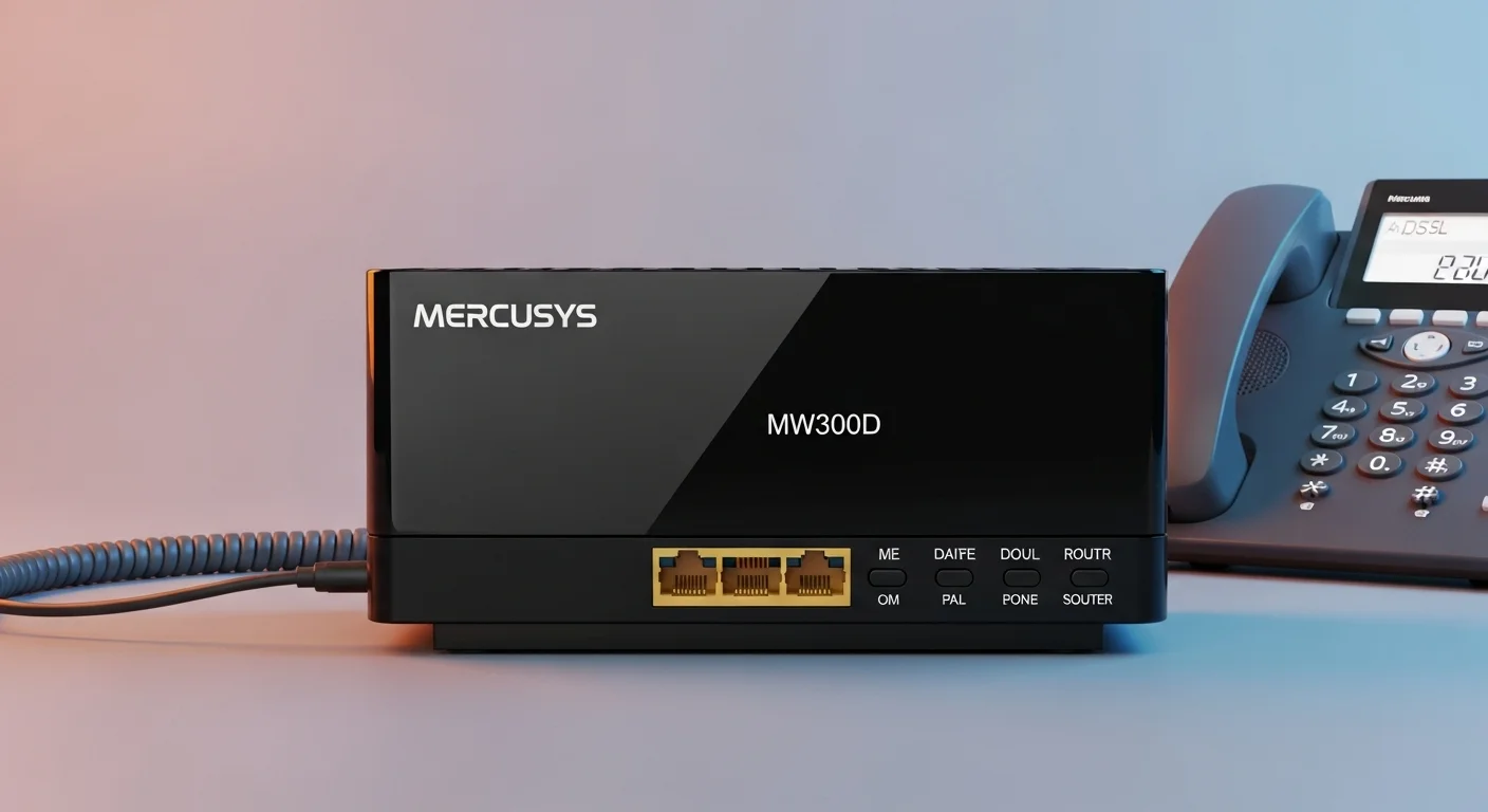 Imagen detallada del modem router Mercusys MW300D junto a una línea telefónica, mostrando su función como dispositivo ADSL para computadoras.