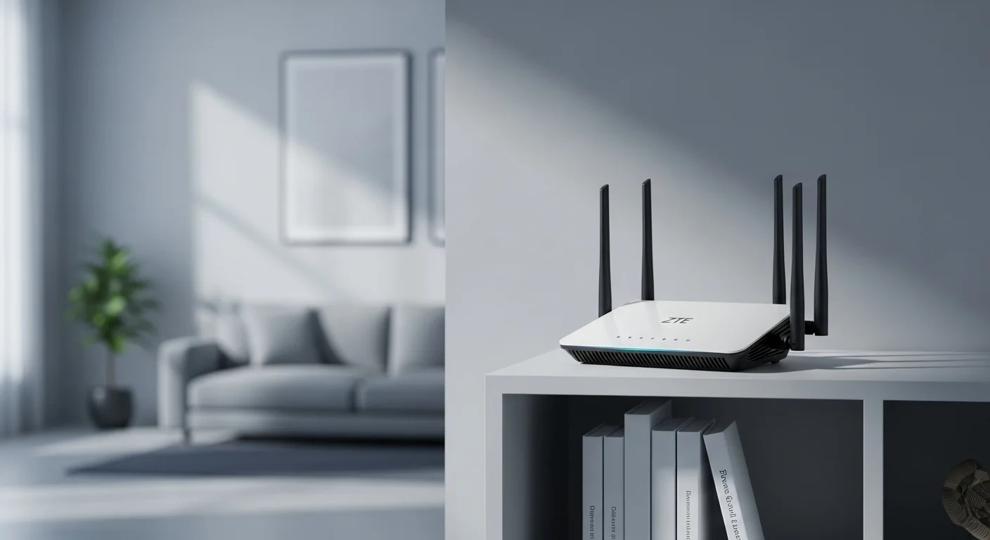 Un modem router ZTE F660 colocado en una estantería en una sala de estar, mostrando su diseño y antenas, simbolizando la cobertura wifi para el hogar y dispositivos conectados.