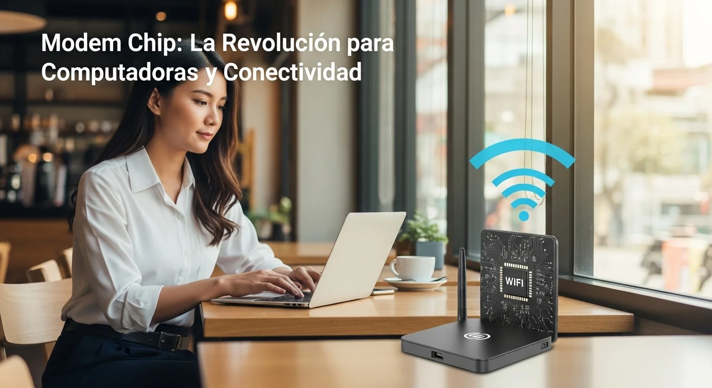 Escena de estilo de vida con una persona trabajando en una computadora portátil en una cafetería, con un modem wifi portatil con chip compacto sobre la mesa, demostrando la portabilidad y conectividad en movimiento.