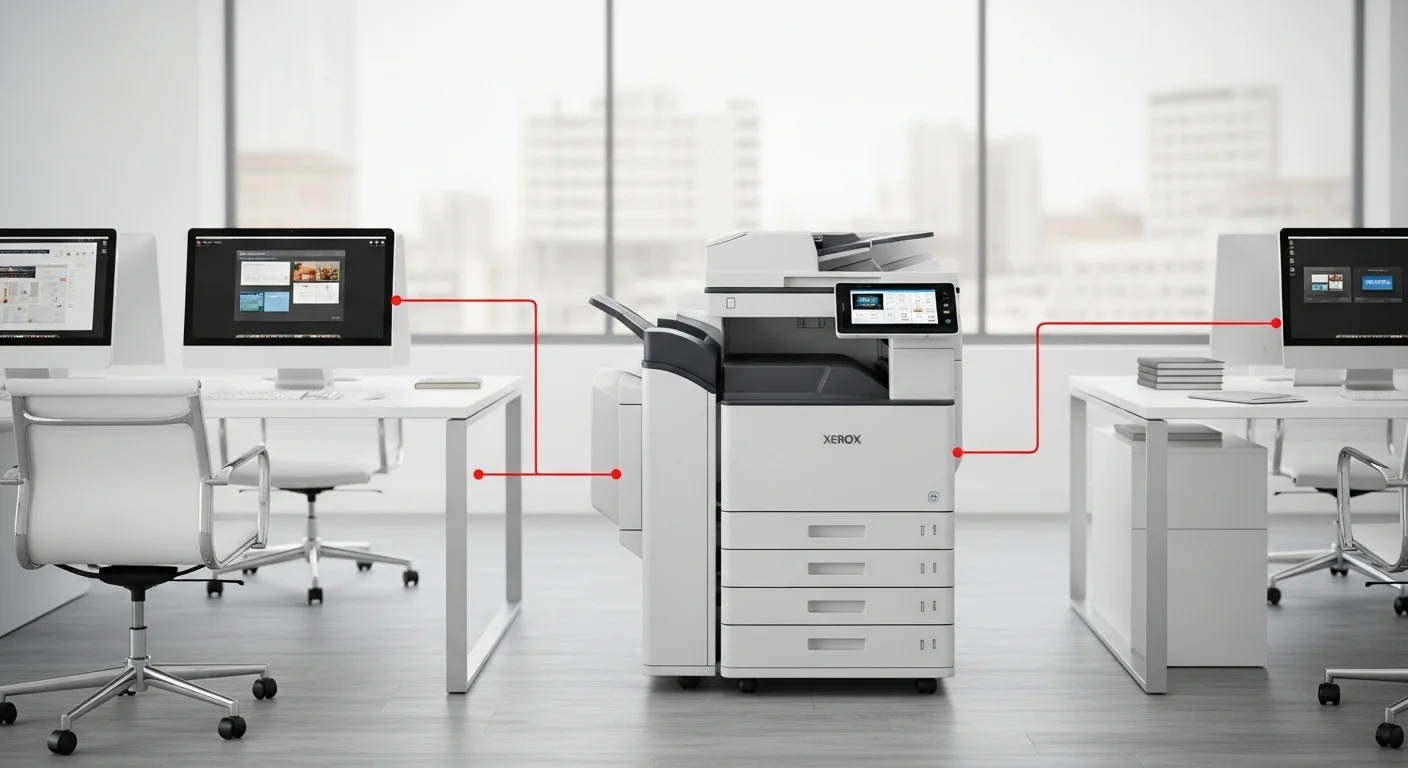 Una moderna impresora multifuncional Xerox en un entorno de oficina, conectada a varias computadoras y mostrando su pantalla táctil.