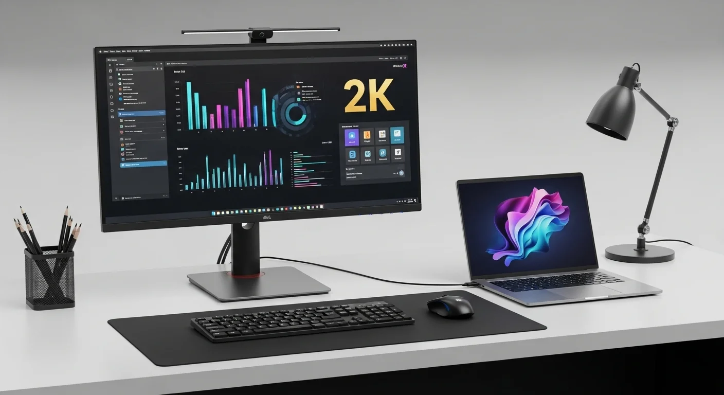 Escritorio de oficina moderno con un monitor 27 2k mostrando gráficos y datos, al lado de una laptop conectada vía USB-C.