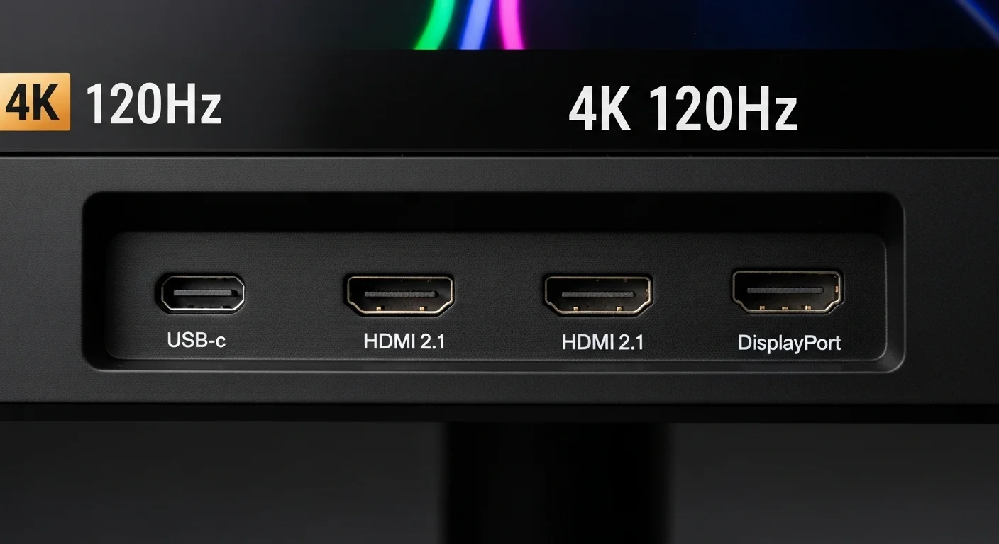 Detalle de los puertos de conexión de un monitor 4k 120hz hdmi 2.1, esencial para computadoras de última generación.