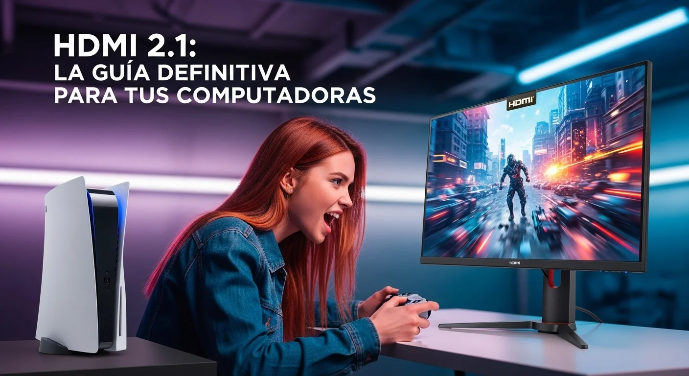 Un gamer utilizando un monitor 4k hdmi 2.1 para jugar en una PS5, mostrando una escena de juego vibrante y fluida a alta tasa de refresco.