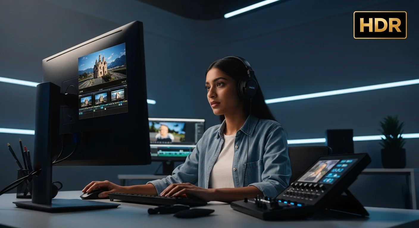 Un profesional editando video en un monitor 4K HDR en un estudio con poca luz