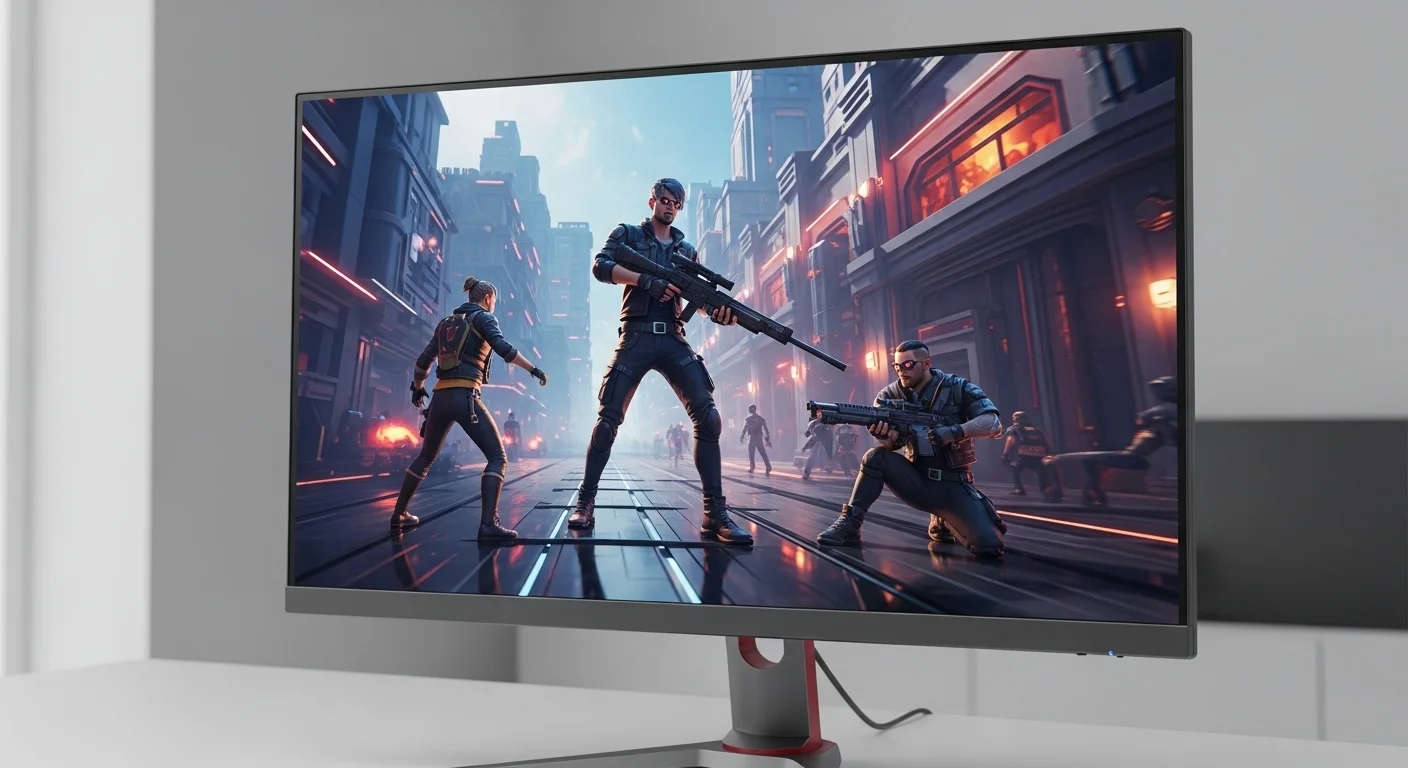 Un primer plano de un monitor 4K, mostrando un videojuego con gráficos vibrantes y detallados, destacando la calidad de imagen para entretenimiento y trabajo creativo.