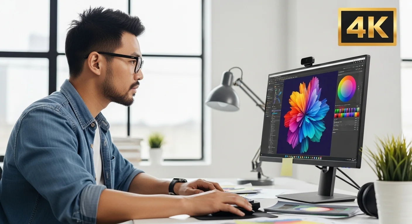 Diseñador gráfico trabajando en una computadora con un monitor 4k profesional de alta fidelidad de color