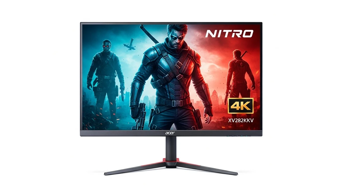Primer plano del monitor Acer Nitro XV282KKV con resolución 4K, destacando la nitidez y el color de una escena cinematográfica.