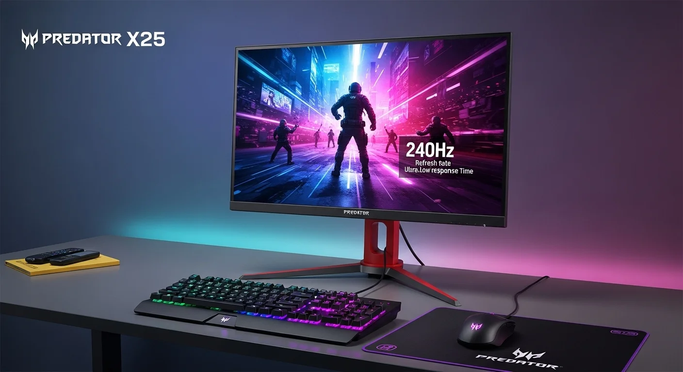 El monitor Acer Predator X25 en un escritorio gaming, destacando su alta tasa de refresco para eSports.