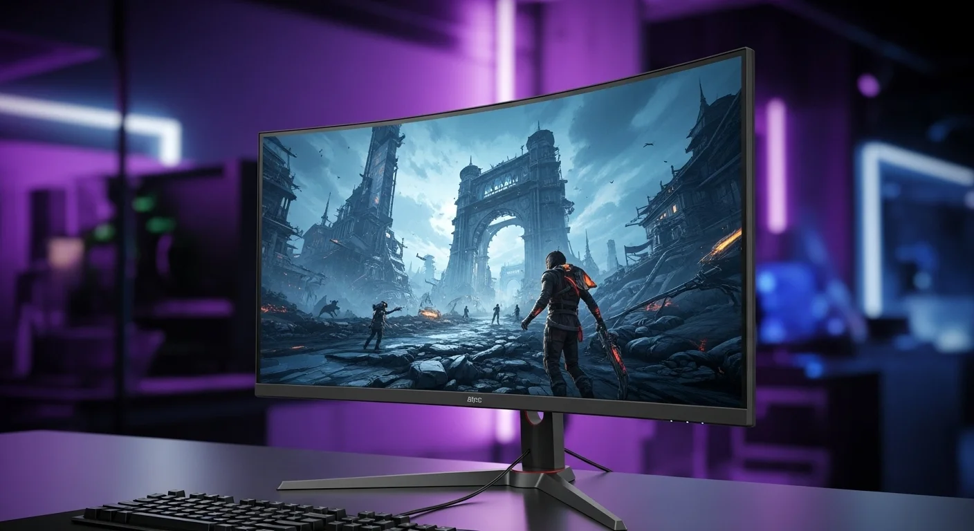 Primer plano de un monitor curvo 27 pulgadas exhibiendo un vibrante paisaje de videojuego, destacando la experiencia inmersiva que ofrece.