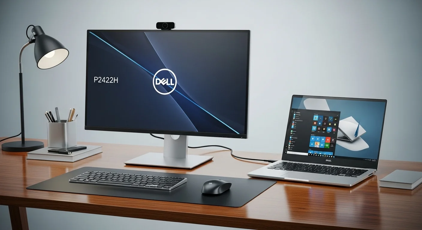 Un escritorio de trabajo profesional con un monitor Dell P2422H junto a una laptop Dell XPS 15, mostrando una configuración de alta productividad.
