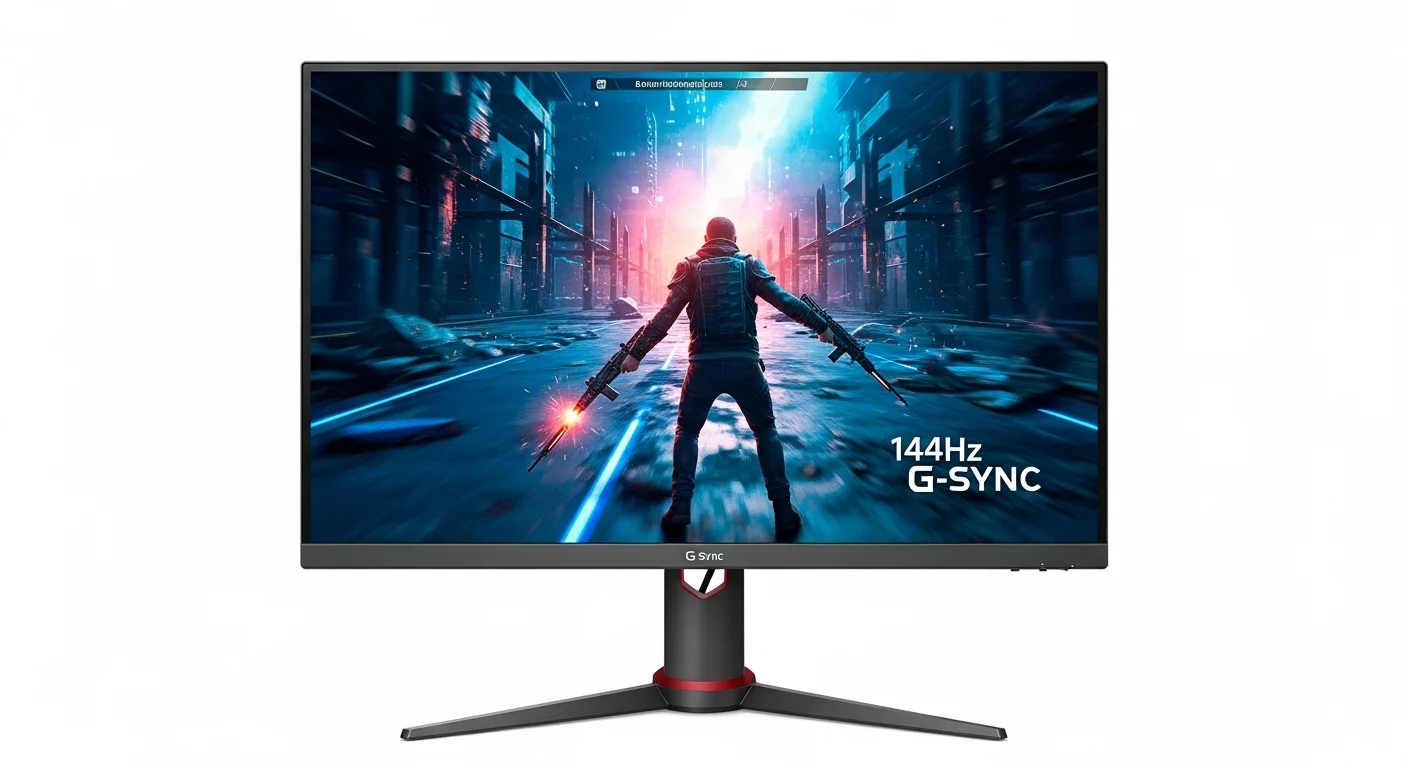 Un primer plano de un monitor g sync 144hz mostrando una escena de acción de un videojuego sin tearing, destacando la fluidez del movimiento.