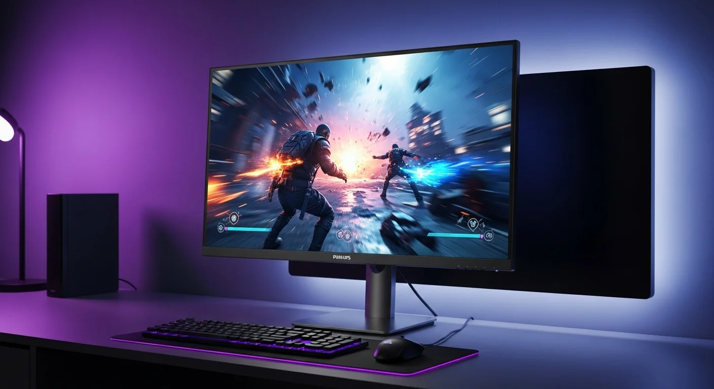 Un monitor para computadoras Philips Momentum mostrando un videojuego de acción con la tecnología Ambiglow iluminando la pared trasera.
