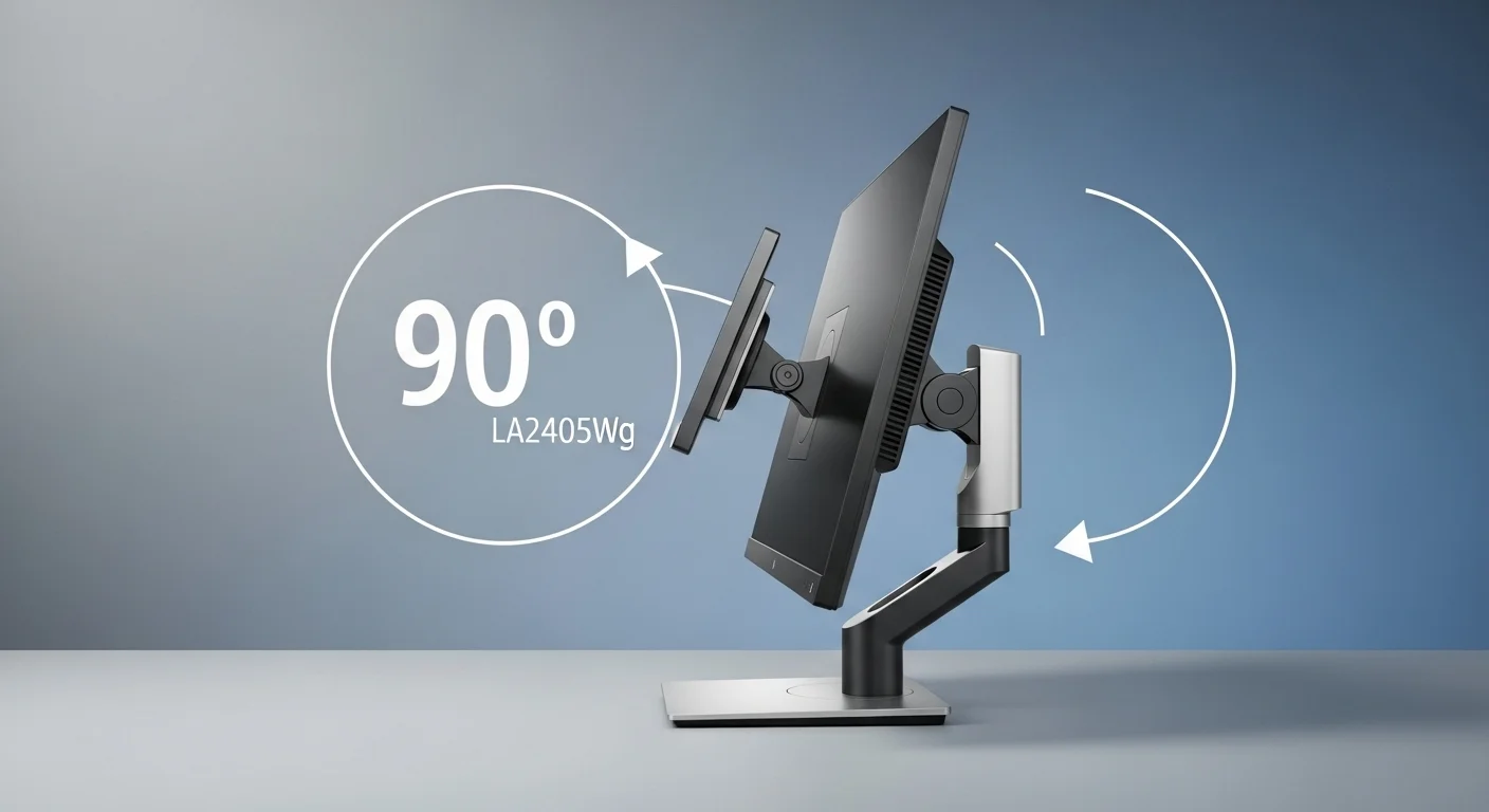 Detalle del monitor Hp Compaq la2405wg mostrando su capacidad de pivote a 90 grados y su base ergonómica ajustable, ideal para productividad.