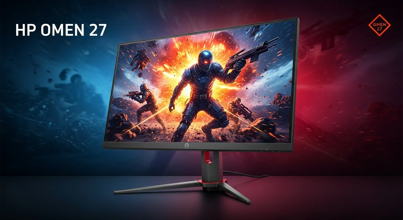 Monitor HP Omen 27 mostrando un videojuego de acción con colores vibrantes y movimiento fluido, destacando su capacidad para gaming.