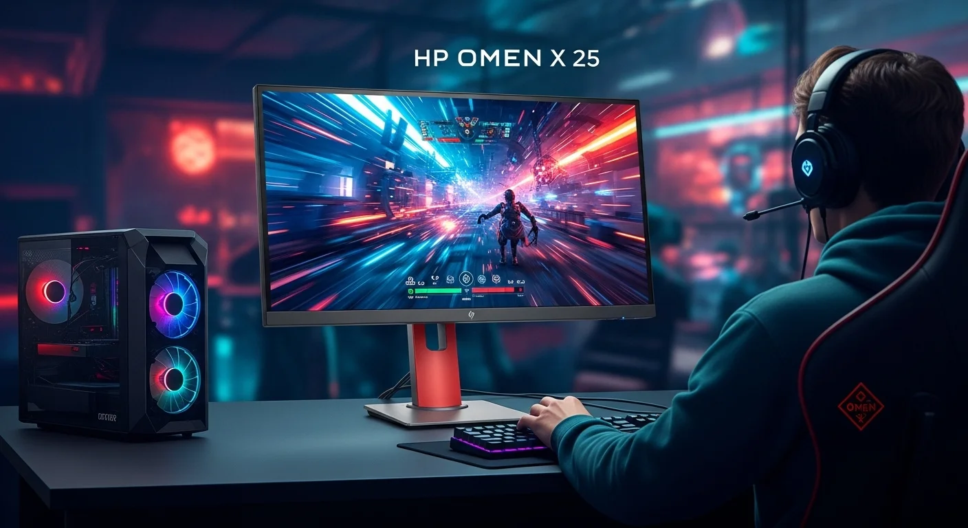 Monitor para eSports HP Omen X 25 mostrando una imagen de alta velocidad de un videojuego, ideal para computadoras potentes y setups competitivos.