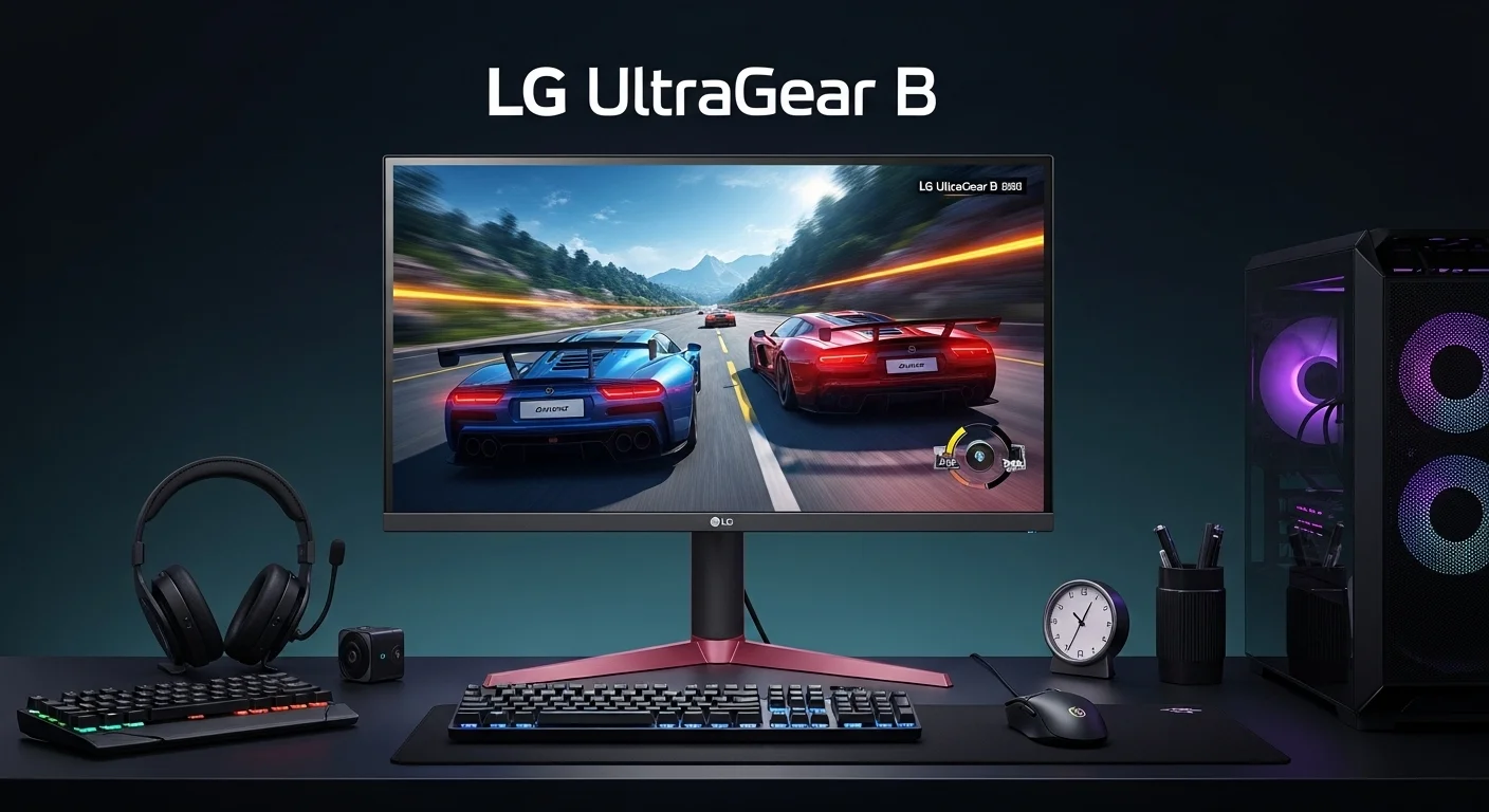 Un setup de gaming iluminado con un monitor LG UltraGear B en el centro, mostrando una escena de juego vibrante y dinámica en la pantalla de la computadora.