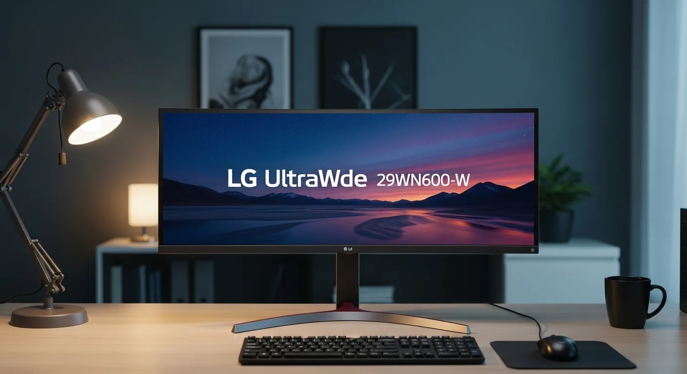 Primer plano de un monitor LG UltraWide modelo 29WN600-W en un escritorio de oficina, destacando su formato panorámico.
