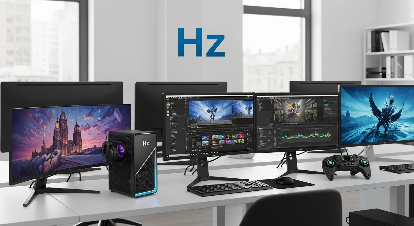 Estación de trabajo de oficina con múltiples monitores de computadora mostrando gráficos fluidos, destacando el uso profesional de los Hz