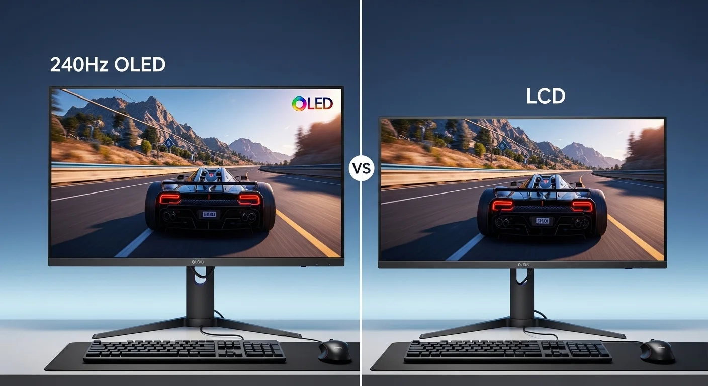 Comparativa de un monitor oled 240hz junto a un monitor lcd, mostrando la diferencia en contraste y color en una escena de juego.