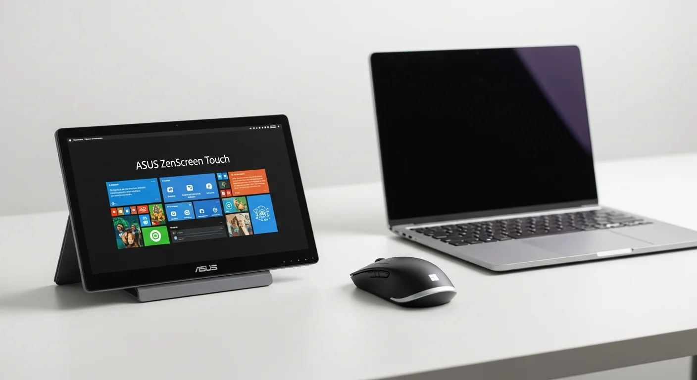 El monitor portátil ASUS ZenScreen Touch MB16AMT junto a un laptop y un ratón Microsoft Arc Touch sobre un escritorio moderno.