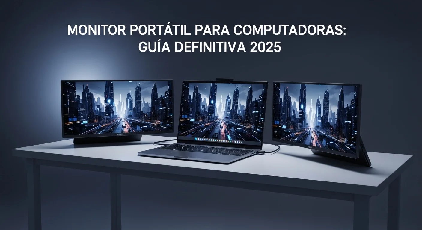 Impresionante setup de un monitor portátil triple conectado a una notebook gamer, expandiendo la visión del juego.