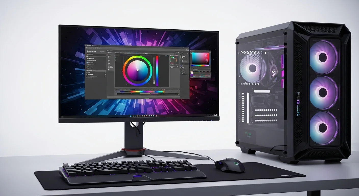 Monitor para diseño gráfico profesional mostrando una paleta de colores vibrantes y precisos en una computadora de alta gama.